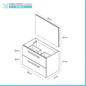 Mobile bagno sospeso 80 cm bianco lucido 2 cassetti e specchio