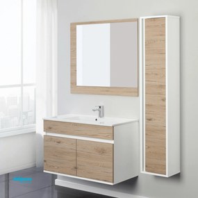 Mobile Bagno Sospeso "Fabula" Da 90 Cm Composto Da Due Ante Lavabo E Specchio Finitura Rovere Di Bordeaux/Bianco