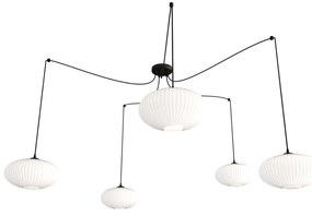 Lampadario 5 Luci Elios In Acciaio Nero Paralume Plissettato Bianco
