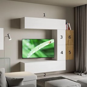 Parete soggiorno Isoka A23 L.214 H.200 P.39,5 Bianco e Quercia