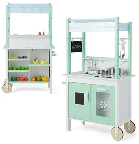 Costway Cucina giocattolo doppia faccia in legno, Set di cucina per bambini con telecomando e barre luminose a LED Verde