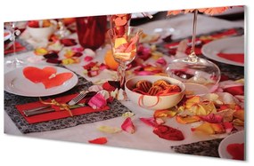Quadro in vetro Bicchieri da pranzo con petali di rosa hearts 100x50 cm
