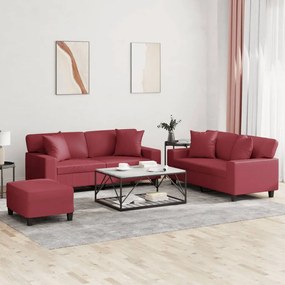 Set Di Divani 3 Pz Con Cuscini Rosso Vino İn Similpelle /