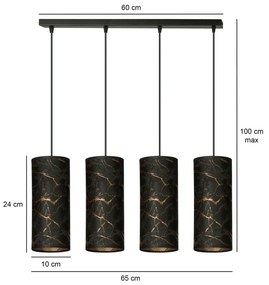 Sospensione 4 Luci Karli In Acciaio Nero E Paralumi Effetto Marmo Dorato