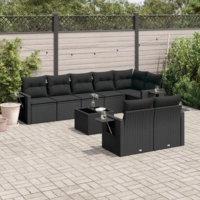 Set Divani da Giardino 9 pz con Cuscini Nero in Polyrattan