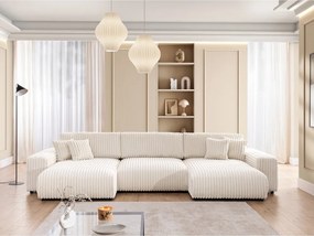 Divano angolare color crema allungabile/con contenitore (a U) rivestito in velluto a coste Sarina – Ropez