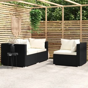 Set divani da giardino 3 pz con cuscini in polyrattan nero