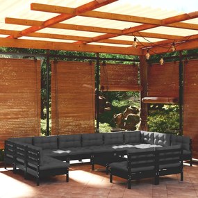 Set divani da giardino 13 pz con cuscini neri massello di pino