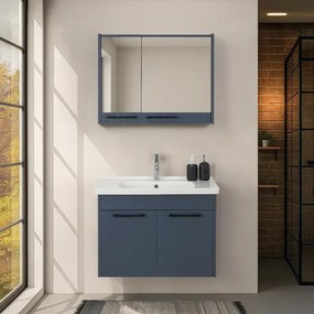 Mobile bagno sospeso 80 cm blu effetto legno con armadietto a specchio Sofia