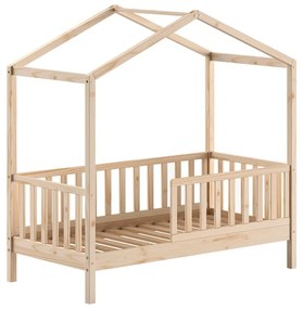 Letto da bambini a forma di casa di colore naturale in pino massiccio con rete inclusa 70x140 cm DALLAS – Vipack