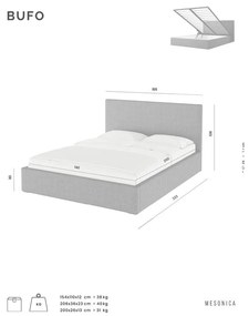 Letto matrimoniale imbottito grigio con contenitore con griglia 140x200 cm Bufo Bed - MESONICA