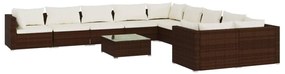 Set divani da giardino 11 pz con cuscini in polyrattan marrone