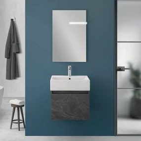 Mobile Bagno Sospeso 50 Cm Un'Anta Specchio Filo Lucido 50x60 Cm Feridras "Kira" Pietra