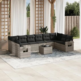 Set divani da giardino 11 pz con cuscini in polyrattan grigio