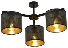 Plafoniera Industrial 3 Luci Cigno In Acciaio Nero E Paralumi A Cilindro Oro