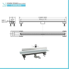 Canalina doccia 100 cm in alluminio reversibile scarico centrale, sifone e piletta inclusi