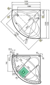 Vasca angolare 135x135 simmetrica semicircolare con colonna di scarico telaio ed 1 pannello bianco Una Novellini