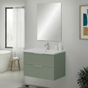 Mobile bagno sospeso 80cm verde opaco con cassetti lavabo e specchio Elva