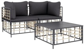 Set Divani da Giardino 3 pz con Cuscini Antracite in Polyrattan