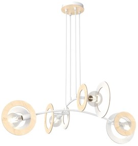Lampadario 4 Luci Rea Acciaio Bianco Legno Naturale E Diffusori Doppio Cerchio