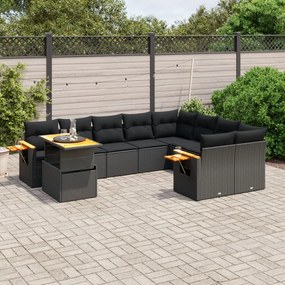 Set divani da giardino 10pz con cuscini in polyrattan nero