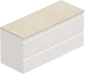 Mobile Pull L120 H55 P45 bianco opaco laccato 2 cassetti a chiusura ammortizzata e top Creta gres bianco per lavabo in appoggio, piedini non inclusi