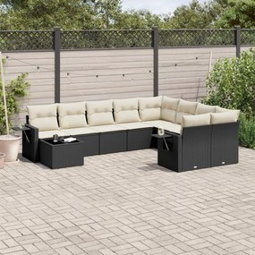 Set divani da giardino 10pz con cuscini in polyrattan nero