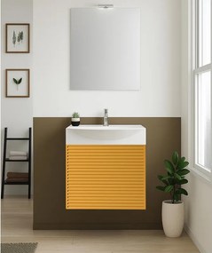 Mobile bagno sospeso con lavabo e specchio e illuminazione Mini50s L 50 x H 58 x P 40 cm laccato opaco senape cannettato 1 anta per vasca centrale