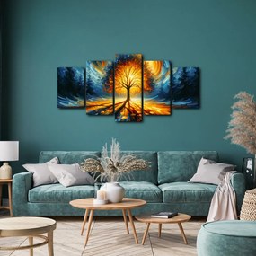Quadri 5 pezzi – Albero della vita luminoso nei toni infuocati