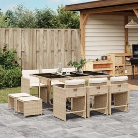 Set da pranzo da giardino 11 pz con cuscini beige in polyrattan