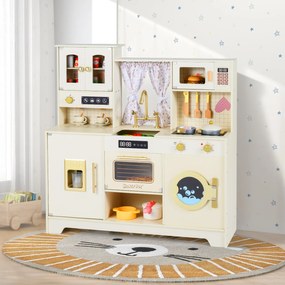 Costway Cucina giocattolo bambini legno 3+ anni fornelli rubinetto lavello caffè ghiaccio, Set gioco microonde 14 accessori