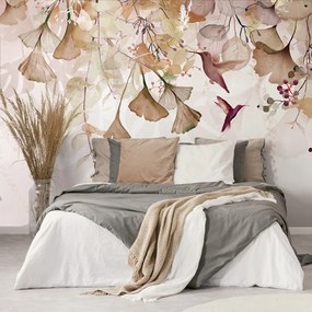 Carta da parati – Foglie con Colibrì in Marrone-Rosa