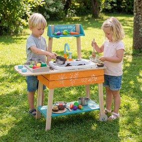 Costway Set cucina da gioco per bambini esterno legno lavandino rimovibile griglia, Cucina giocattolo manopole girevoli rubinetto circolazione 3+ anni