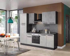 Cucina montata Dora bianco e grigio chiaro, lavello a destra, L.255 cm, completa di: cappa a camino, piano cottura a induzione, forno e frigorifero