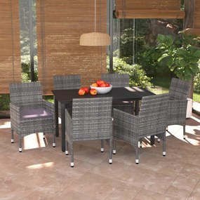 Set da pranzo per giardino 7 pz con cuscini polyrattan grigio