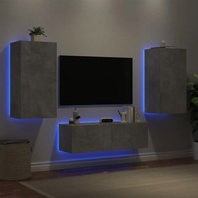 Mobili Tv A Muro 3pz Con Luci Led Grigio Cemento /