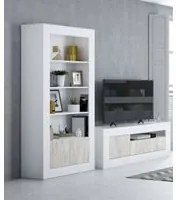 Libreria Lexington, Mobile portalibri moderna a 2 ante e 3 ripiani, Scaffale moderno, Credenza alta con scomparti, cm 181x35h94, Bianco lucido