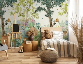 Fotomurale Animali del bosco, verde, marrone, blu, giallo fondo bianco 210 x 280 cm