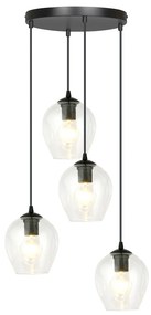 Lampadario 4 Luci Fuxi Base Tonda In Acciaio Nero E Vetri Trasparente