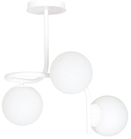 Lampadario 3 Luci Rama In Acciaio Bianco A Bracci E Sfere In Vetro Opalino