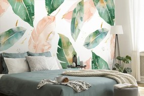 Carta da parati – Foglie acquerello verde-pesca