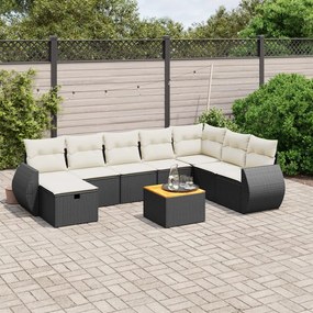 Set divani da giardino 9 pz con cuscini nero in polyrattan