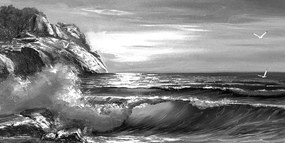 Quadro su tela – Onde marine sulla costa in bianco e nero