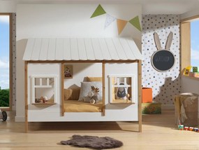 Letto montessoriano casetta con finestre, bianco laccato e rovere