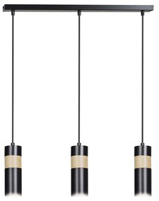 Lampadario 3 Luci Change In Acciaio Nero A Cilindro Con Legno Naturale