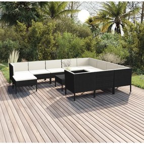 Set divani da giardino 12 pz con cuscini in polyrattan nero