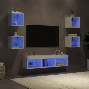Mobili TV a Muro con LED 7pz Bianchi in Legno Multistrato