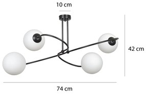 Plafoniera Moderna 4 Luci Nezha In Acciaio Nero E Sfere In Vetro Opale