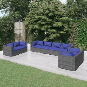 Set divani da giardino 8 pz con cuscini in polyrattan grigio