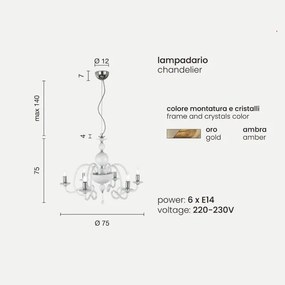 Lampadario a sospensione VIVALDI a 6 luci in vetro lavorato a mano AMBRA